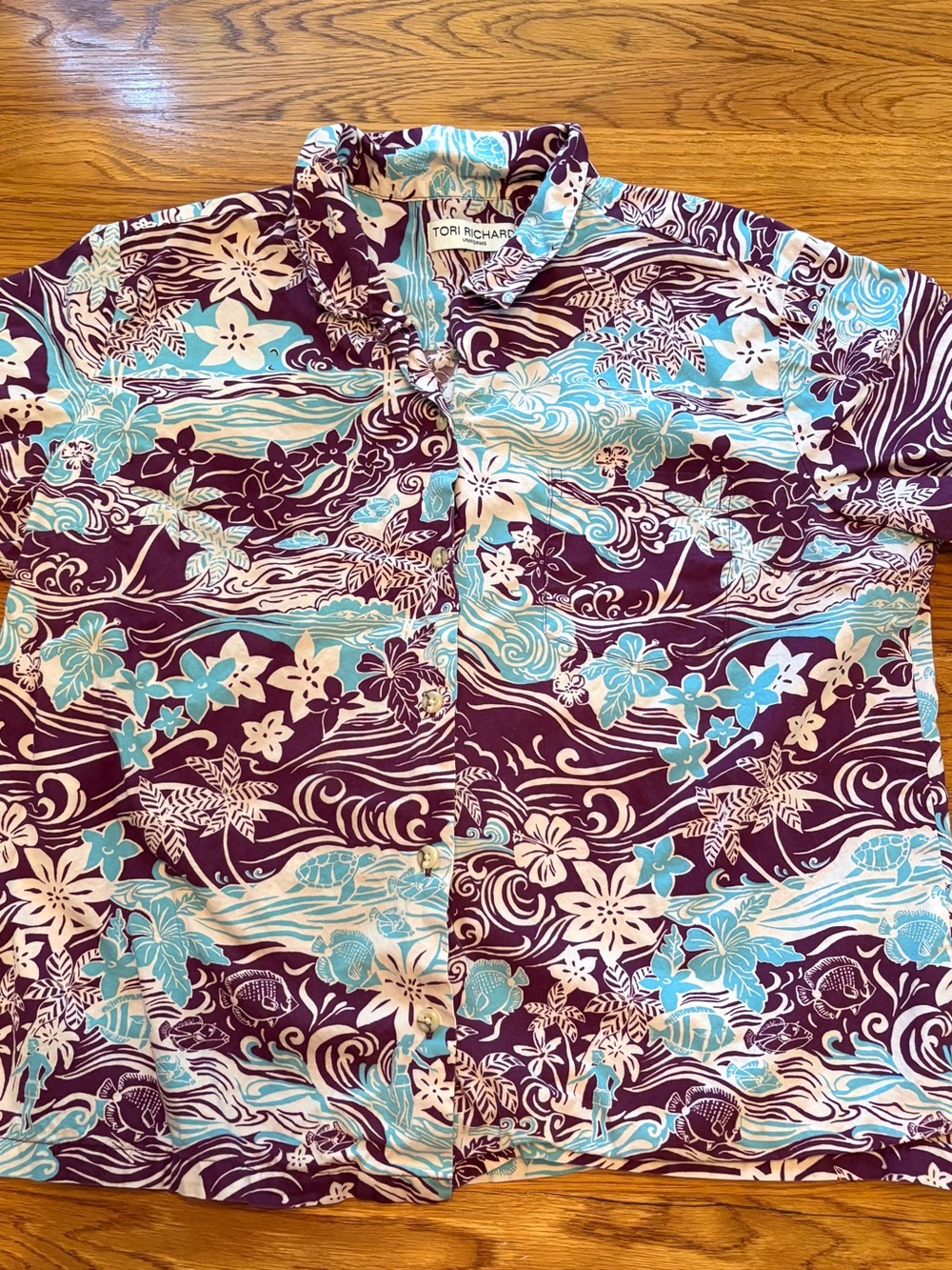 Tori Richard Purple, Aqua & White Hawaiian Floral Button-Up UNISEX
